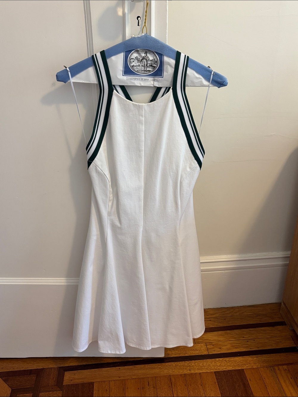 Zara, Size Medium- White A-Line Varsity Dress with Green Stripe Trim